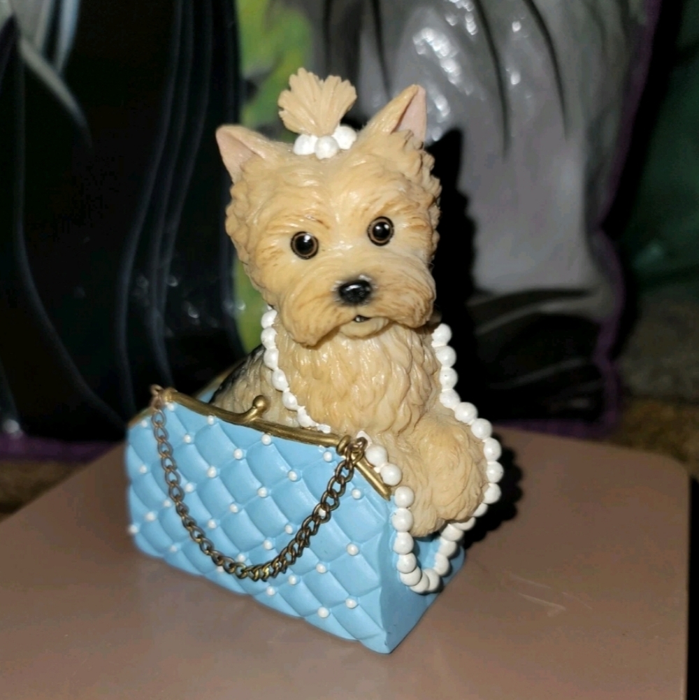 Simply Chien-el Diva Dog Figurine with Blue Quilted Purse Yorkshire Terrier